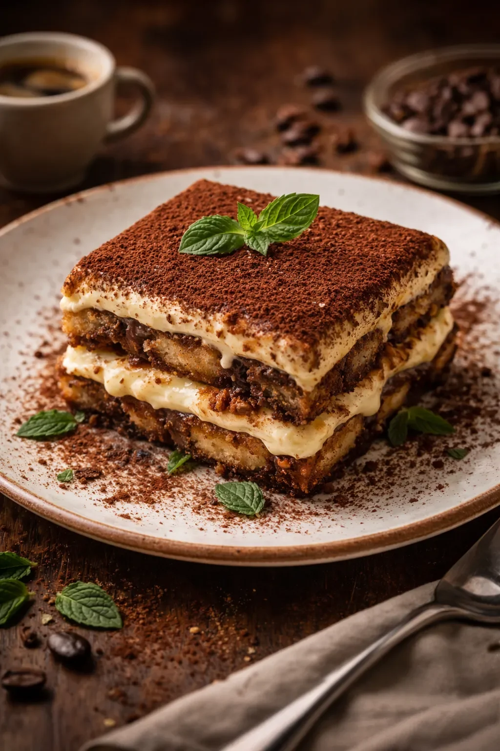 Traditional Tiramisù with mint and coffee accents